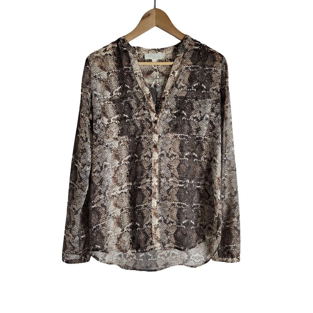 Olive & Oak Snakeskin Print Button Down Blouse Brown Grey S Boho Glam Edgy Chic